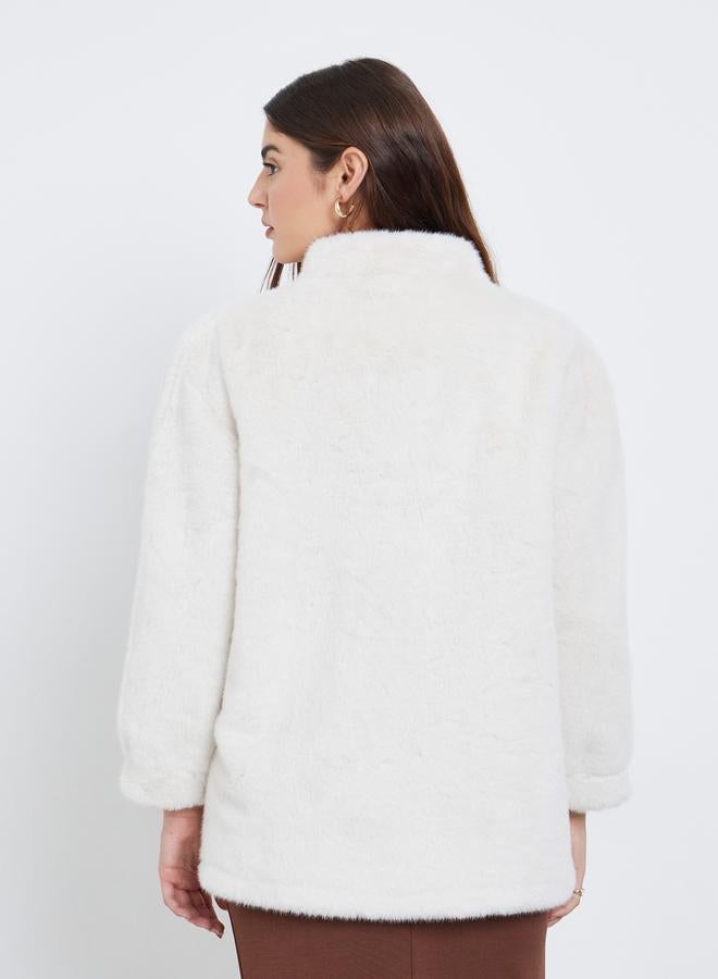 Styli Off White Faux Fur Longline Coat - Image 5