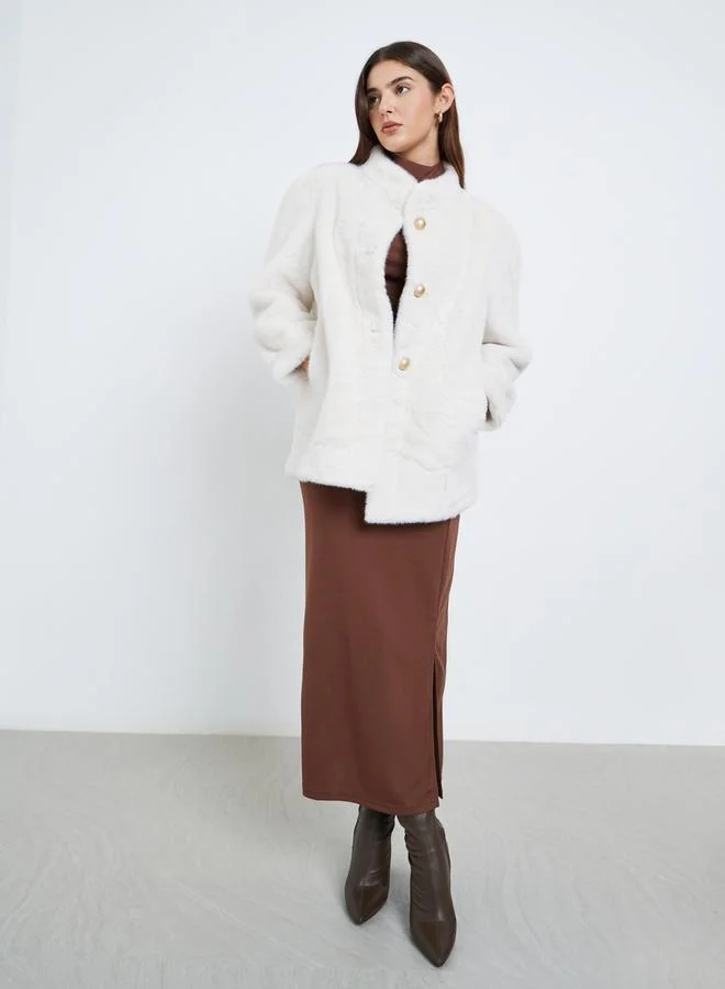 Styli Off White Faux Fur Longline Coat
