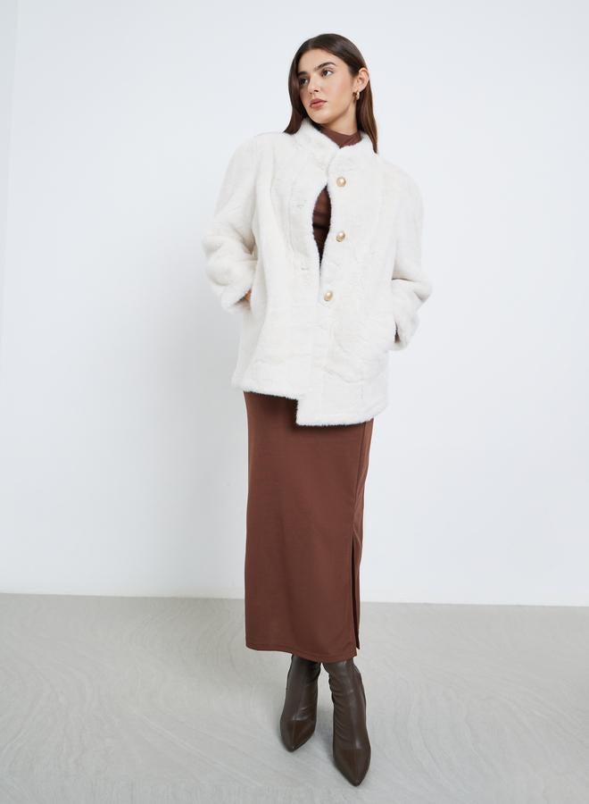 Styli Off White Faux Fur Longline Coat - Image 2