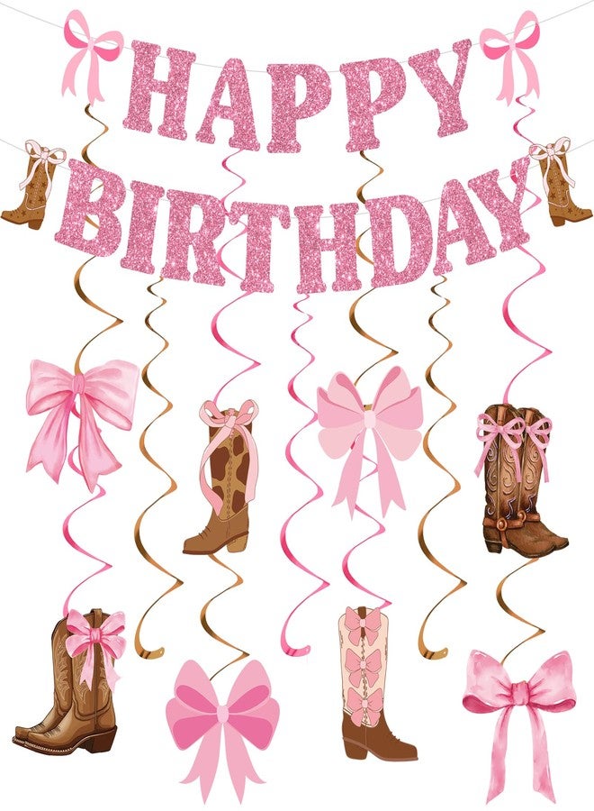 TagreSpike Cowgirl Birthday Party Decorations Glitter Pink Happy Birthday Banner Boots and Bows Cowgirl Western Coquette Hanging Swirls Rodeo Bachelorette Party Decor for Women Girls Bday Baby Shower Supplies - Image 1
