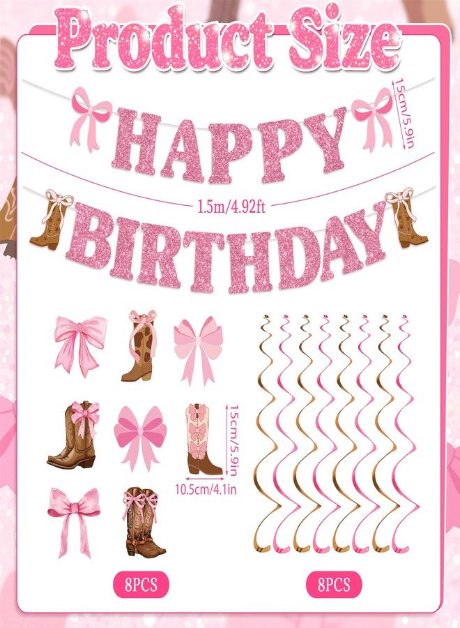 TagreSpike Cowgirl Birthday Party Decorations Glitter Pink Happy Birthday Banner Boots and Bows Cowgirl Western Coquette Hanging Swirls Rodeo Bachelorette Party Decor for Women Girls Bday Baby Shower Supplies - Image 4