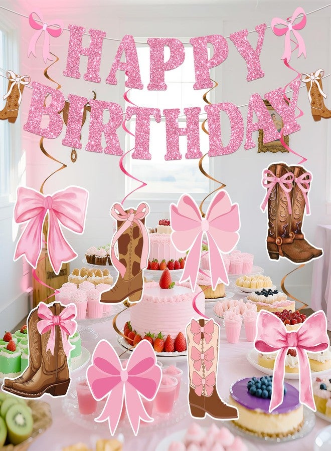 TagreSpike Cowgirl Birthday Party Decorations Glitter Pink Happy Birthday Banner Boots and Bows Cowgirl Western Coquette Hanging Swirls Rodeo Bachelorette Party Decor for Women Girls Bday Baby Shower Supplies - Image 3