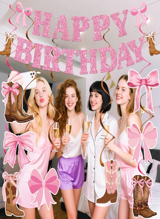 TagreSpike Cowgirl Birthday Party Decorations Glitter Pink Happy Birthday Banner Boots and Bows Cowgirl Western Coquette Hanging Swirls Rodeo Bachelorette Party Decor for Women Girls Bday Baby Shower Supplies - Image 5