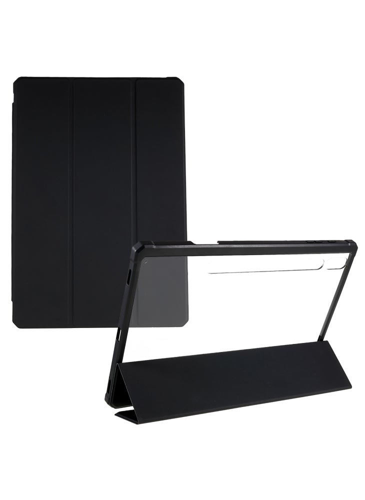 جراب تابلت Samsung Galaxy Tab S10+/S9+/S8+/S7+/S7 FE Skin-Touch Tri-Fold Stand Tablet Case مصنوع من جلد البولي يوريثان الحراري والأكريليك الشفاف - أسود - Image 1