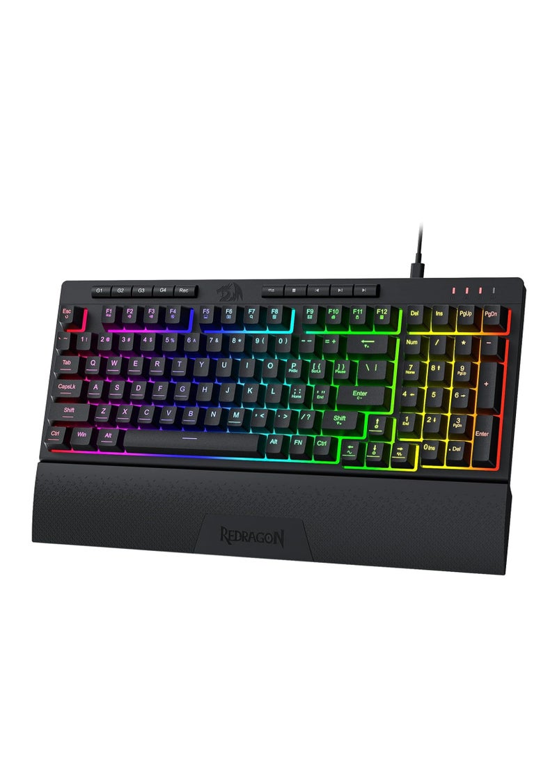 REDRAGON Shiva K515 98-Key RGB Membrane Gaming Keyboard, Mechanical-Feel Linear Switches, 26-Key Anti-Ghosting, 4 Onboard Macro Keys, Dedicated Multimedia Keys, Detachable Wrist Rest, Software Customizable Lighting, Black | K515-RGB - Image 1