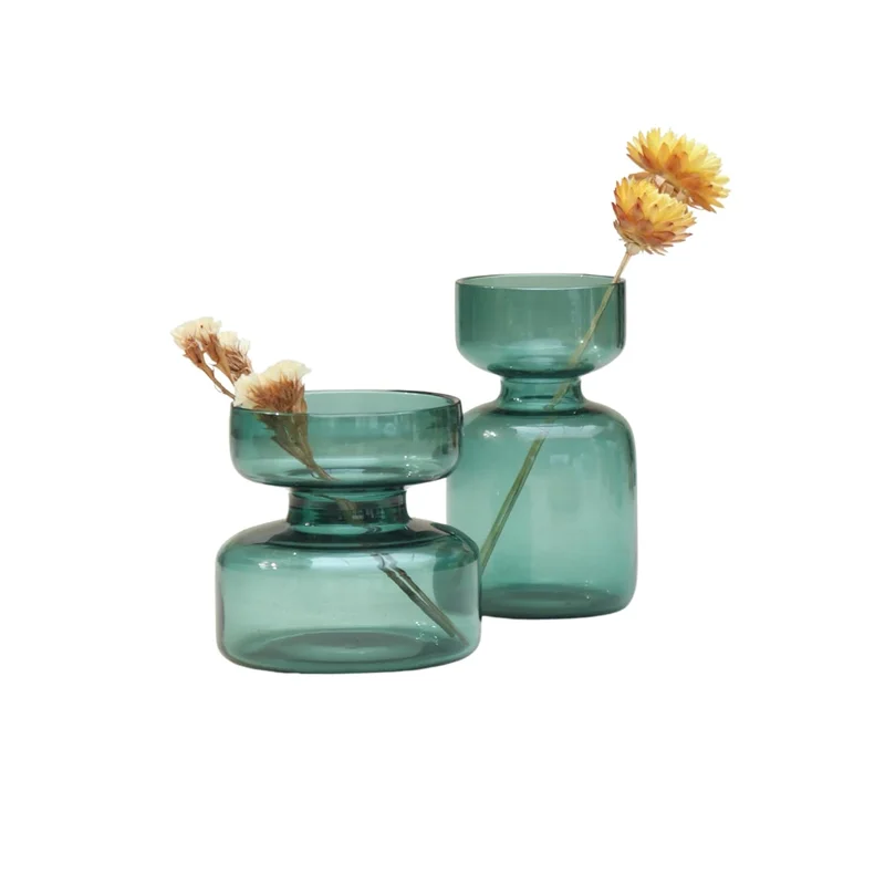 Muun Home MUUN HOME Teal Mini Glass Bud Vase Set with Dried Flowers - Set of 2 Decorative Vases for Home Decor