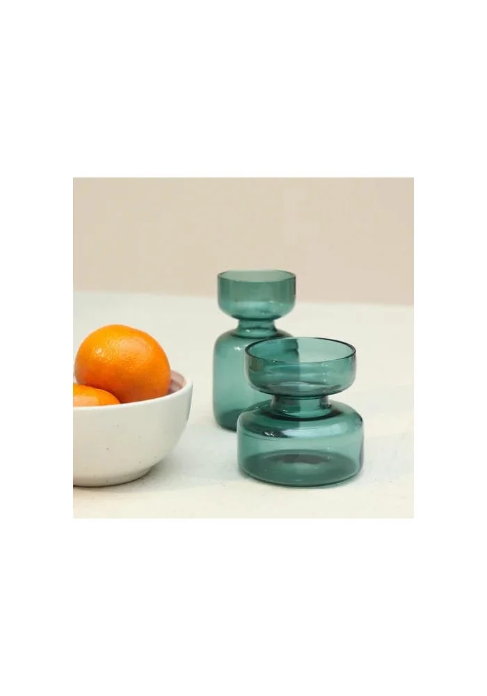 Muun Home MUUN HOME Teal Mini Glass Bud Vase Set with Dried Flowers - Set of 2 Decorative Vases for Home Decor