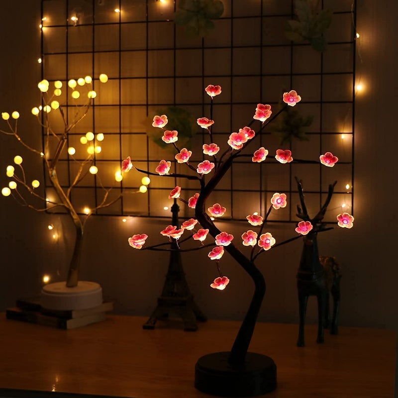 مصباح طاولة مكتب LED شجرة زهر الكرز بونساي أضواء الزهور يعمل بالبطارية وقابس USB 36 لمبة زينة صناعية لغرفة النوم وغرفة المعيشة والمنزل