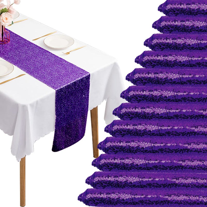 12 Packs 12 X 72 Inch Purple Sequin Table Runner Glitter Dining Table Runner for Birthday Wedding Engagement Bridal Baby Shower Bachelorette Holiday Celebration Party Supplies Decorations Purple