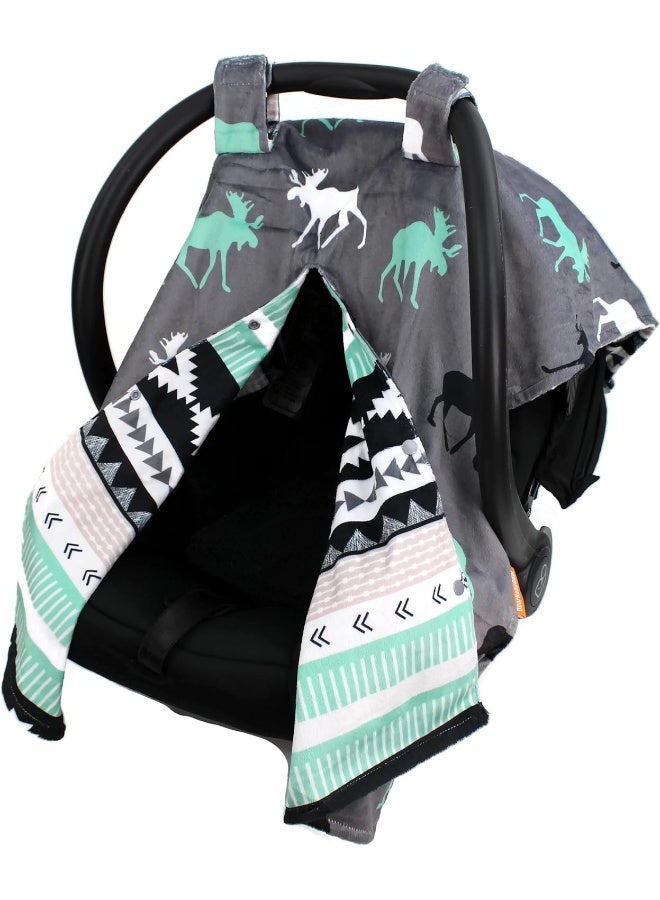 Dear Baby Gear Deluxe Car Seat Canopy, Reversible Custom Minky Print Black, Grey, Mint Moose - Image 1