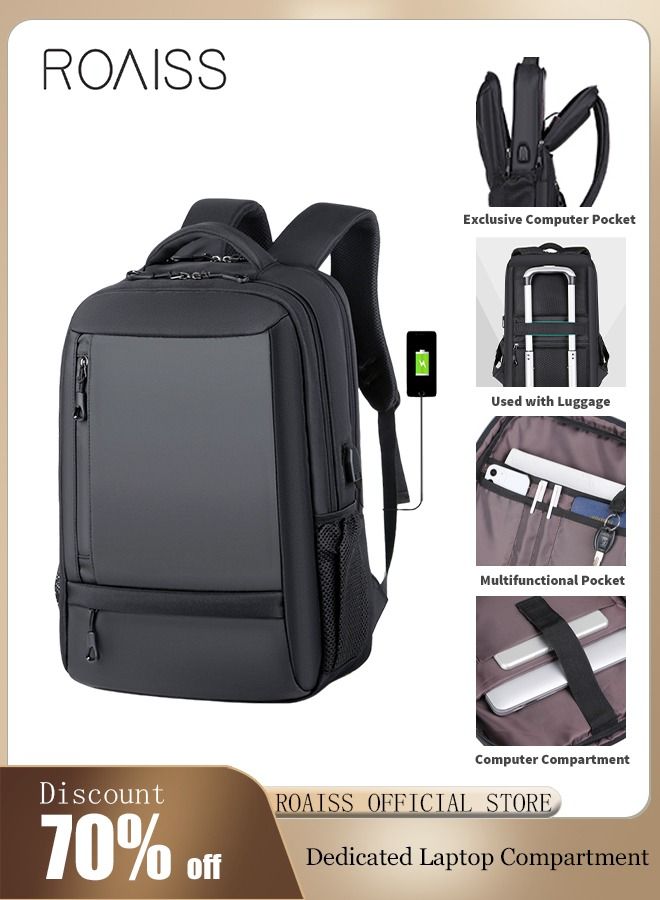 roaiss Waterproof Backpack School Bag with USB Port for Men Work Travel Flight Business Black - Image 1