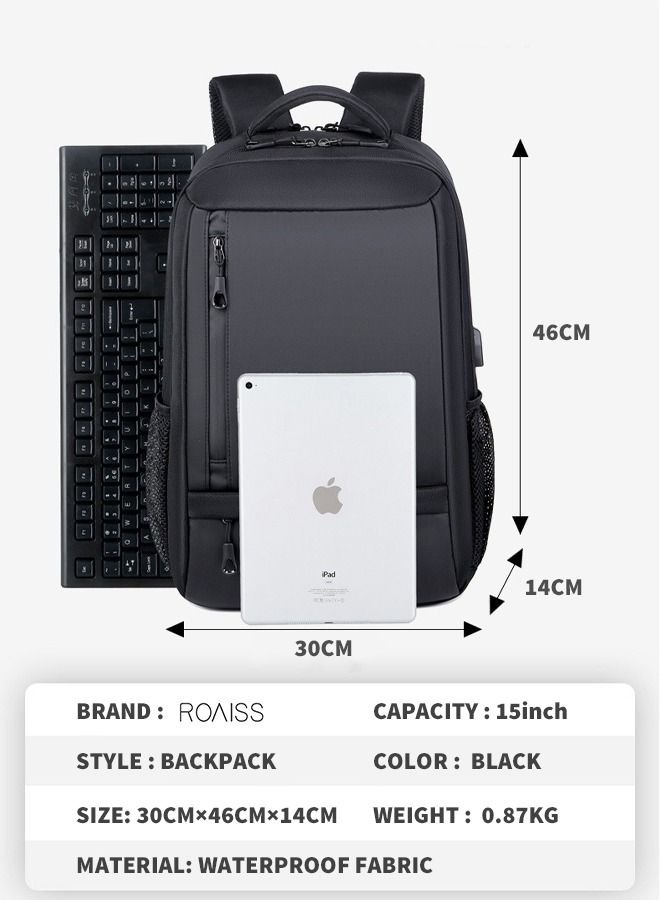 roaiss Waterproof Backpack School Bag with USB Port for Men Work Travel Flight Business Black - Image 5