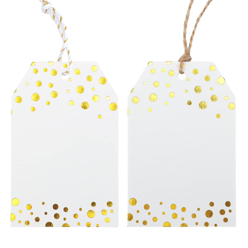 ANWYLL Anwyll Gift Tags with String 100Pcs Gold Foil Metallic Confetti Polka Dot Gift Bag Tags Personalized White Blank Hang Paper Label Tag for Baby Shower Birthday Party Wedding Christmas Favor Present