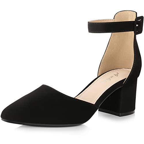 Ankis Closed Toe Heels for Women -Black Pointed Toe Heels Low Block Chunky Women Pumps with Ankle Strap -2.25 Inch - Image 1