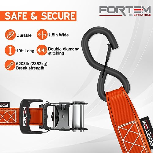 FORTEM Ratchet Tie Down Straps, 5208lb Break Strength, 4 Pack 10ft x 1.5in Heavy Duty Straps, 4 Soft Loops, Cam Buckles for Motorcycles, Safety Lock S Hooks, Carry Bag - Image 4