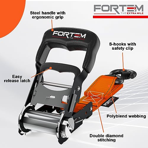FORTEM Ratchet Tie Down Straps, 5208lb Break Strength, 4 Pack 10ft x 1.5in Heavy Duty Straps, 4 Soft Loops, Cam Buckles for Motorcycles, Safety Lock S Hooks, Carry Bag - Image 2