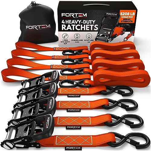 FORTEM Ratchet Tie Down Straps, 5208lb Break Strength, 4 Pack 10ft x 1.5in Heavy Duty Straps, 4 Soft Loops, Cam Buckles for Motorcycles, Safety Lock S Hooks, Carry Bag - Image 1