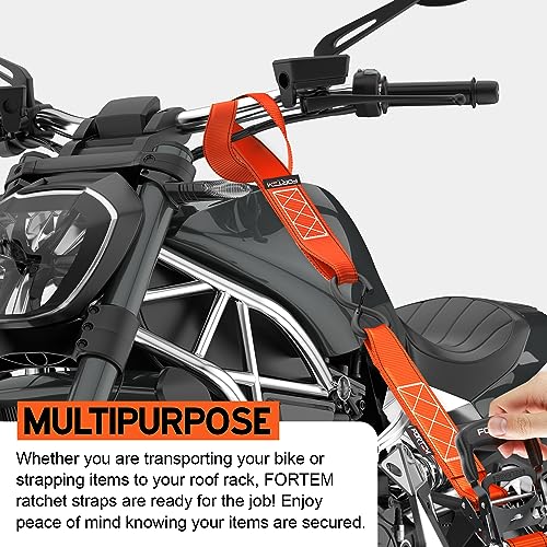 FORTEM Ratchet Tie Down Straps, 5208lb Break Strength, 4 Pack 10ft x 1.5in Heavy Duty Straps, 4 Soft Loops, Cam Buckles for Motorcycles, Safety Lock S Hooks, Carry Bag - Image 5
