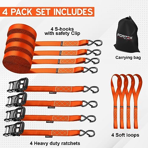 FORTEM Ratchet Tie Down Straps, 5208lb Break Strength, 4 Pack 10ft x 1.5in Heavy Duty Straps, 4 Soft Loops, Cam Buckles for Motorcycles, Safety Lock S Hooks, Carry Bag - Image 3