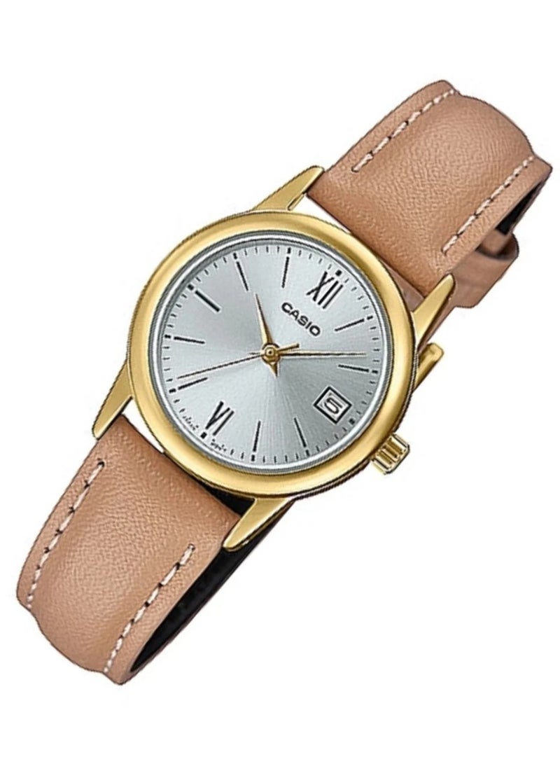 كاسيو Analog Women’s Watch LTP‑V002GL‑7B3UDF, 25 mm Silver Dial, Stainless Steel Case, Brown Leather Band, Water Resistant - Image 3