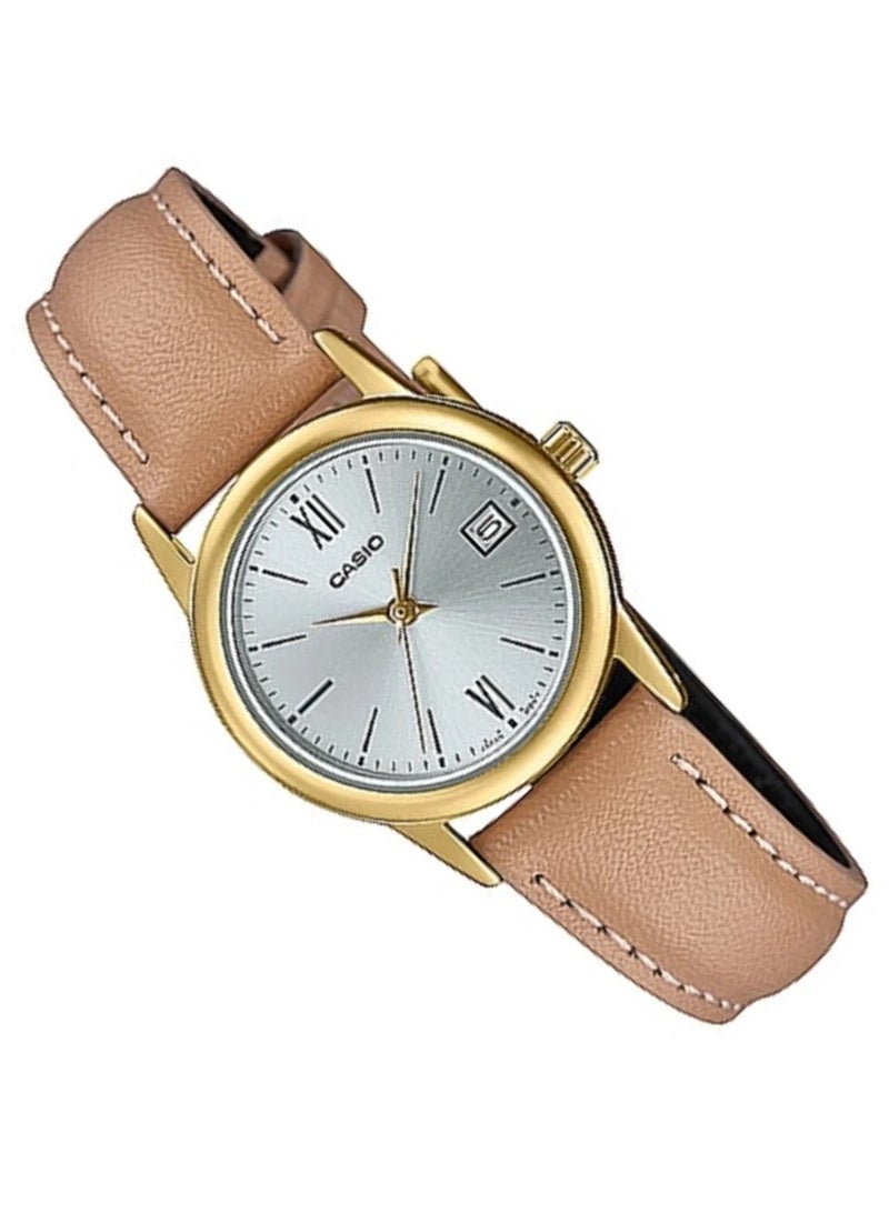 كاسيو Analog Women’s Watch LTP‑V002GL‑7B3UDF, 25 mm Silver Dial, Stainless Steel Case, Brown Leather Band, Water Resistant - Image 4