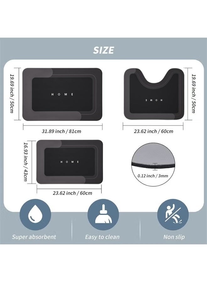 3 Pack Diatom Mud Bath Mat Set, Non-slip Rubber Floor Mats, Extra Soft and Absorbent U-Shaped Toilet Rug, Stain-resistant & Easy to Clean, Suitable For Bath, Office, Laundry, Black (40*60cm+50*60cm+50*80cm) - Image 2