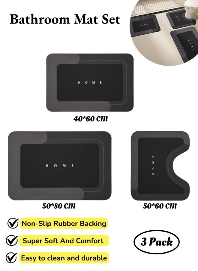 3 Pack Diatom Mud Bath Mat Set, Non-slip Rubber Floor Mats, Extra Soft and Absorbent U-Shaped Toilet Rug, Stain-resistant & Easy to Clean, Suitable For Bath, Office, Laundry, Black (40*60cm+50*60cm+50*80cm) - Image 1