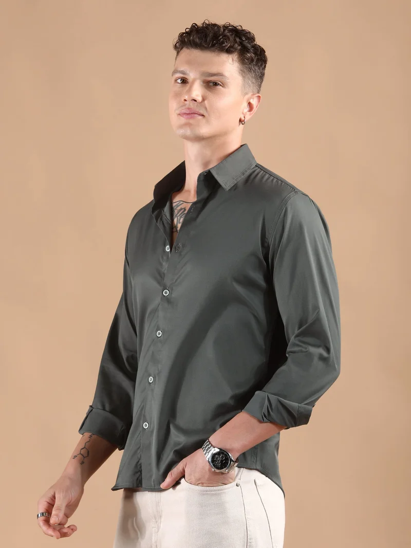 Beyoung Dark Grey Solid Regular Fit Shirt