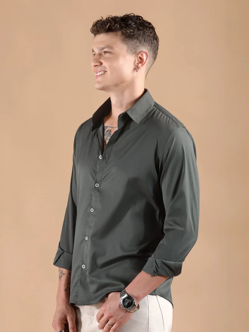 Beyoung Dark Grey Solid Regular Fit Shirt