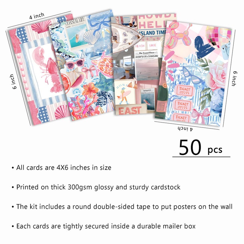 wall67 Coastal Granddaughter Room Decor, Pink and Blue Wall Collage Kits, 50 Pcs 4x6 Inch Beachy Aesthetic Wall Art Prints Posters, Coastal Cowgirl Room Dorm Wall Decor for Teen Girls - Image 2