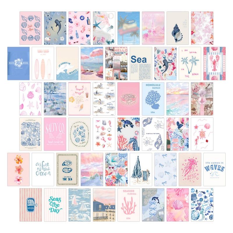 wall67 Coastal Granddaughter Room Decor, Pink and Blue Wall Collage Kits, 50 Pcs 4x6 Inch Beachy Aesthetic Wall Art Prints Posters, Coastal Cowgirl Room Dorm Wall Decor for Teen Girls - Image 1