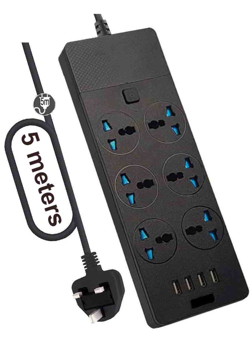 Beone Universal Plug Adapter Power Strips Extension Cord, 6 Outlets with 4 USB Ports Surge Protector, Charging Socket with 5 meters  Bold Extension Cord 