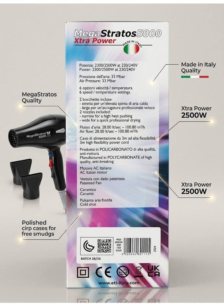 ETI MegaStratos 5000 Xtra Power Professional Hair Dryer –High Power Output: 2150W – 2500W power (at 230V/240V) Made in Italy - Image 4