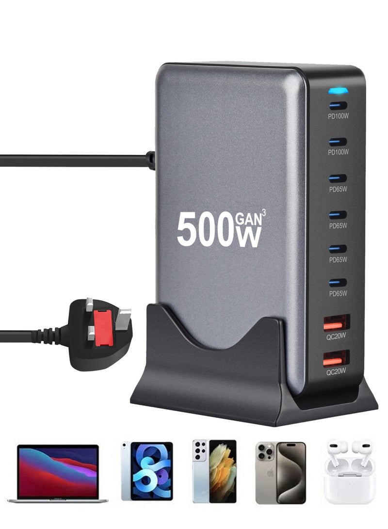 جورفنت محطة شحن 500 واط GaN، 6 منافذ Type-C (2x100 واط، 4x65 واط) و2 منفذ USB (QC 20 واط) شحن سريع مع قابس حائط وطول سلك الطاقة 1.5 متر باللون الأسود، للهواتف، الكمبيوترات، والكاميرات - Image 1