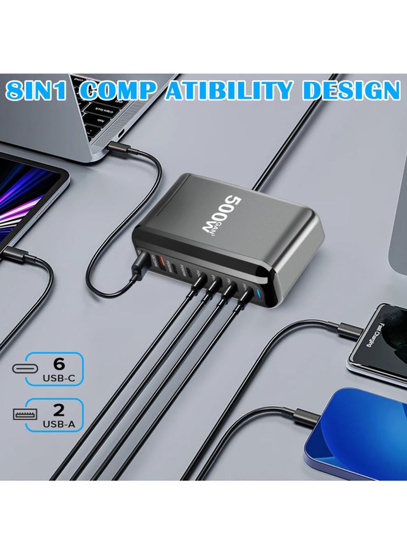 جورفنت محطة شحن 500 واط GaN، 6 منافذ Type-C (2x100 واط، 4x65 واط) و2 منفذ USB (QC 20 واط) شحن سريع مع قابس حائط وطول سلك الطاقة 1.5 متر باللون الأسود، للهواتف، الكمبيوترات، والكاميرات - Image 2