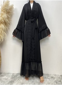 Black Flower Embroidered Lace Gown Abaya