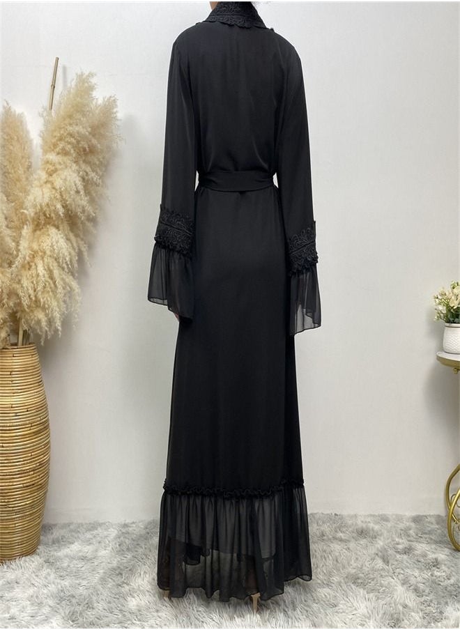 Loquat - Black Flower Embroidered Lace Gown Abaya - Image 1