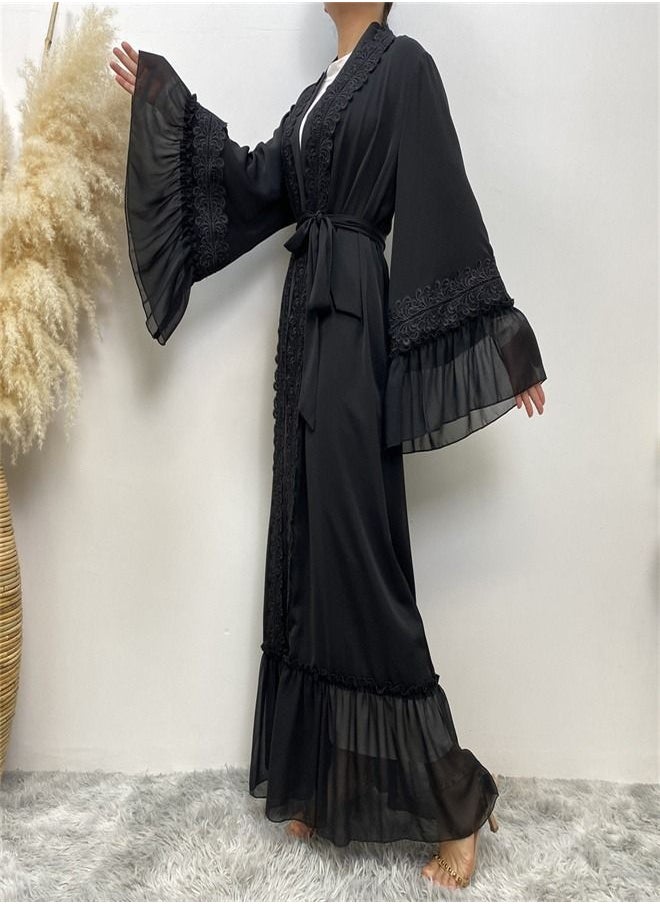 Loquat - Black Flower Embroidered Lace Gown Abaya - Image 1