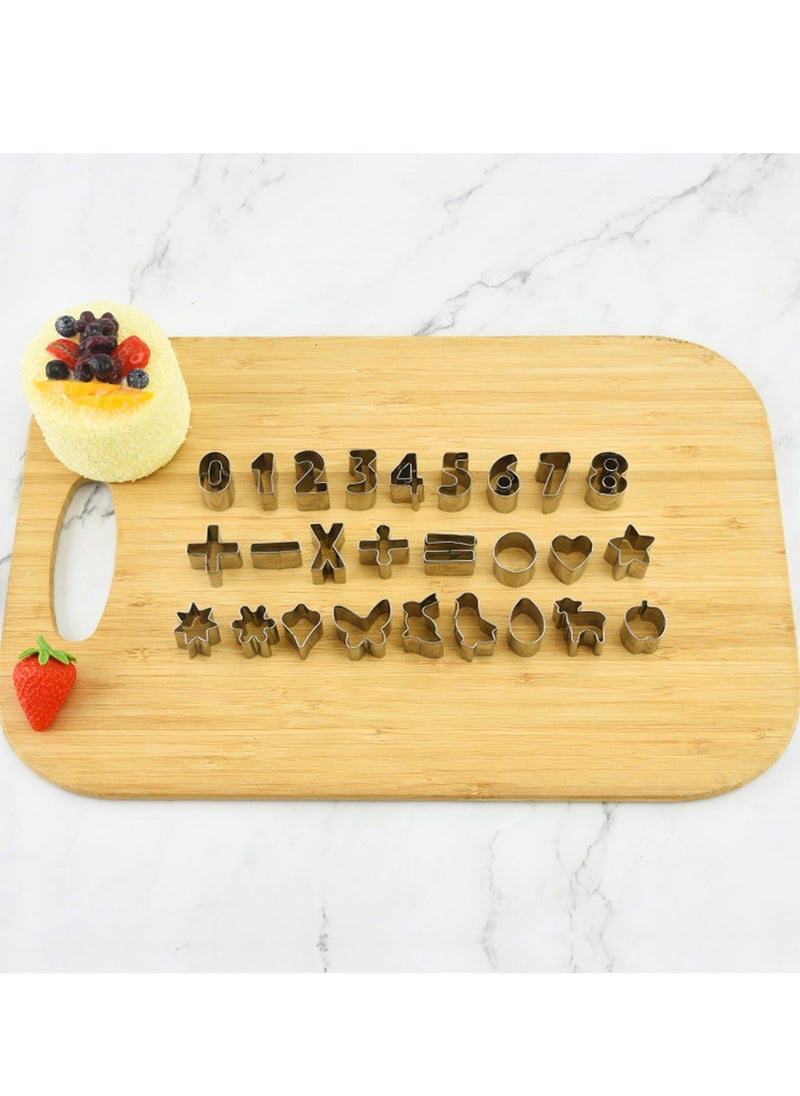 SYOSI - Mini Cookie Cutter Set with Tin Box, 26pcs Number and Geometry Cookie Biscuit Cutters, Stainless Steel Mini Cookie Cutters, Polymer Clay Cutters, and Fruit Cutter for Kids - Image 1