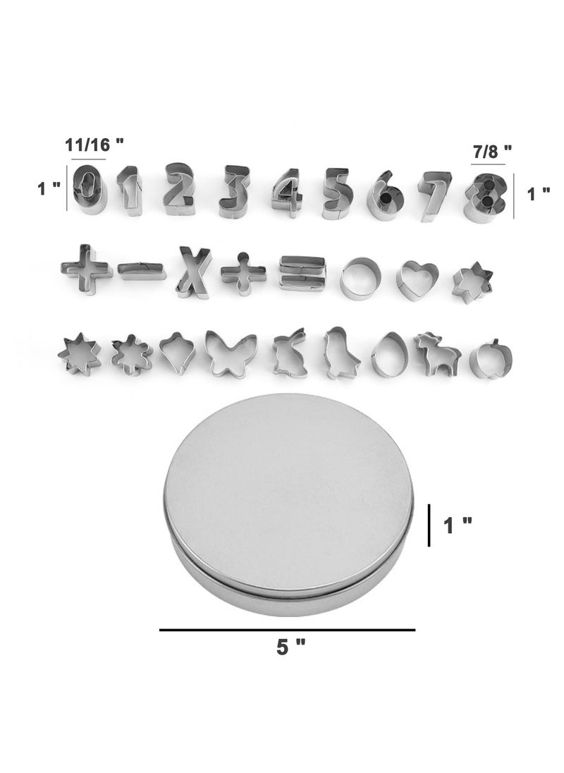 SYOSI - Mini Cookie Cutter Set with Tin Box, 26pcs Number and Geometry Cookie Biscuit Cutters, Stainless Steel Mini Cookie Cutters, Polymer Clay Cutters, and Fruit Cutter for Kids - Image 1