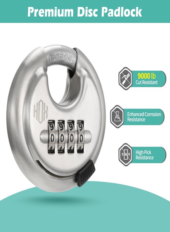 HOX Boron Shackle Combination Disc Lock, 70mm Stainless Steel Body, Heavy-Duty Weather-Resistant and Anti-Cut Padlock for Storage Units, Garages, Sliding Doors, and Cabinets (4 Pack) - Image 3