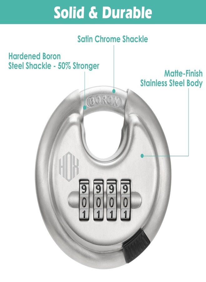 HOX Boron Shackle Combination Disc Lock, 70mm Stainless Steel Body, Heavy-Duty Weather-Resistant and Anti-Cut Padlock for Storage Units, Garages, Sliding Doors, and Cabinets (4 Pack) - Image 2