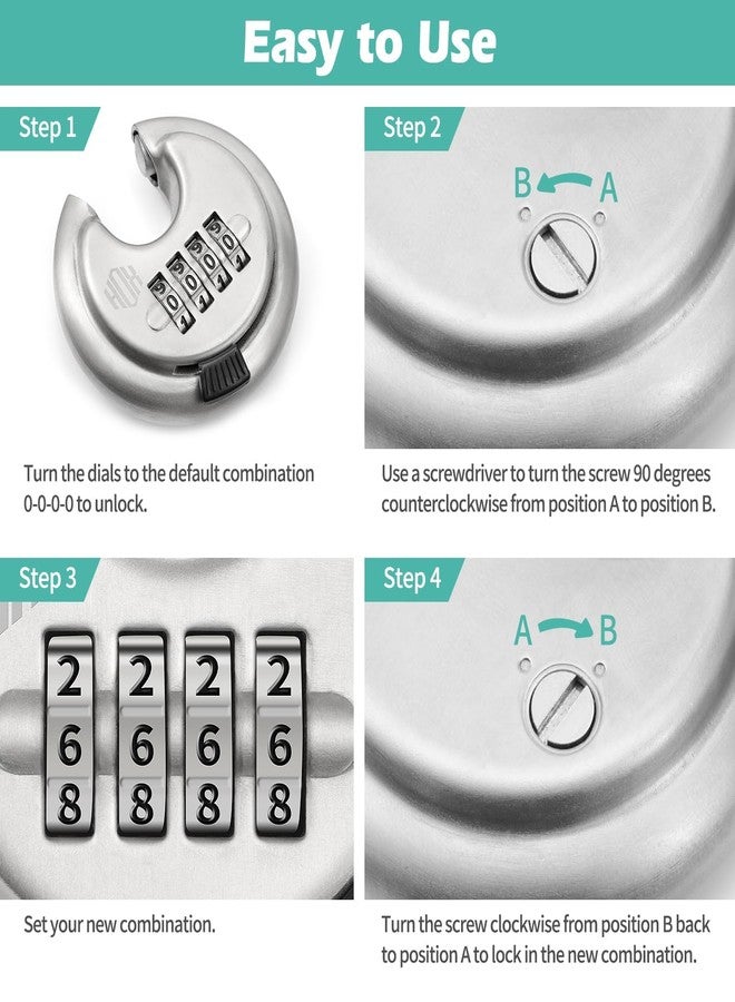 HOX Boron Shackle Combination Disc Lock, 70mm Stainless Steel Body, Heavy-Duty Weather-Resistant and Anti-Cut Padlock for Storage Units, Garages, Sliding Doors, and Cabinets (4 Pack) - Image 4