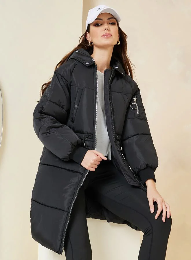 Styli Oversized Knee Length Hooded Padded Coat