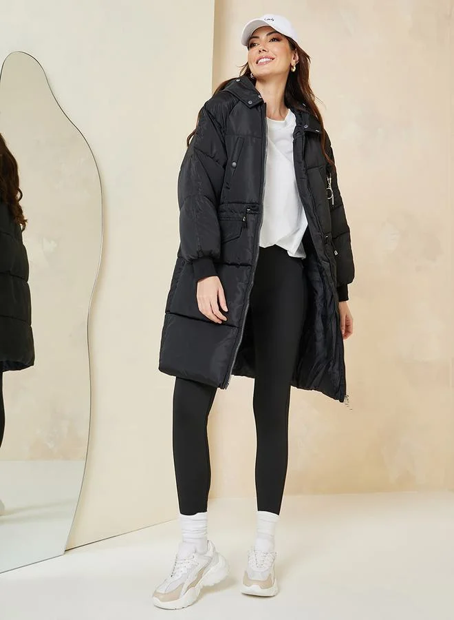 Styli Oversized Knee Length Hooded Padded Coat