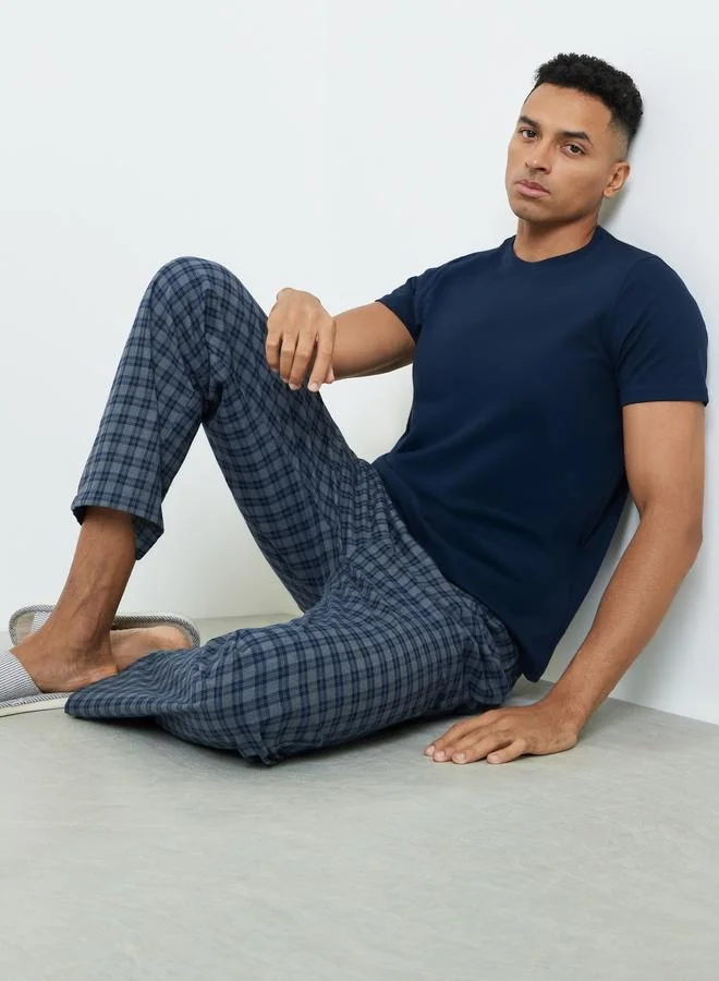 Styli Men Solid Cotton T-Shirt and Checked Pyjama Set