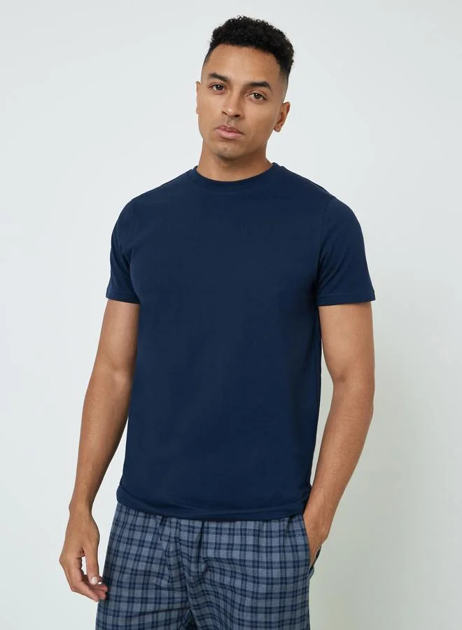 Styli Men Solid Cotton T-Shirt and Checked Pyjama Set
