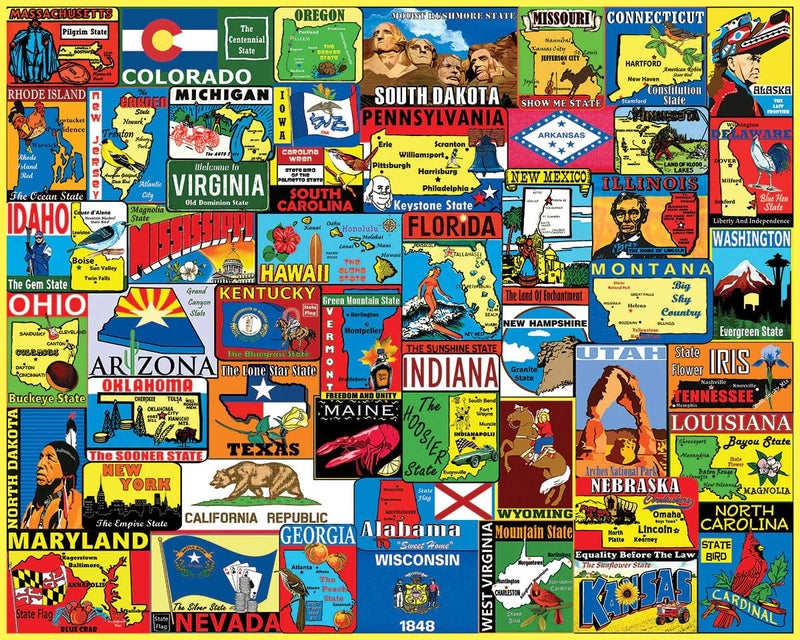White Mountain 1000 Piece Jigsaw Puzzle Vintage States Collage Puzzles with Large Pieces for Adults and Family 24"x30" - State Travel Stickers - Image 1