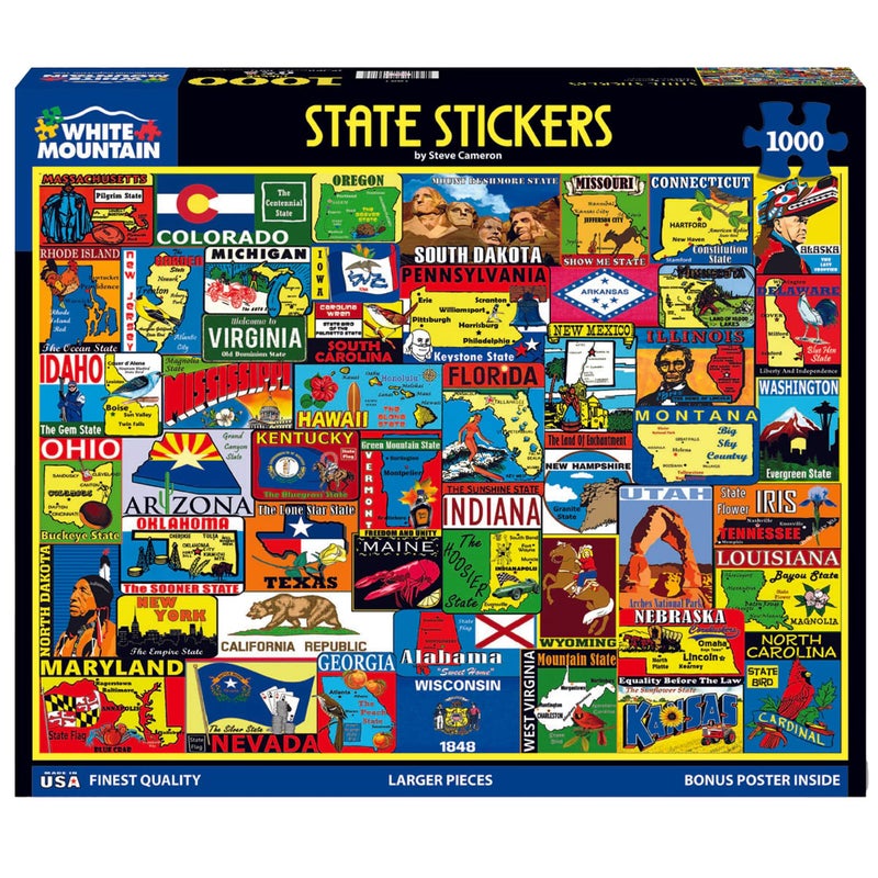White Mountain 1000 Piece Jigsaw Puzzle Vintage States Collage Puzzles with Large Pieces for Adults and Family 24"x30" - State Travel Stickers - Image 2