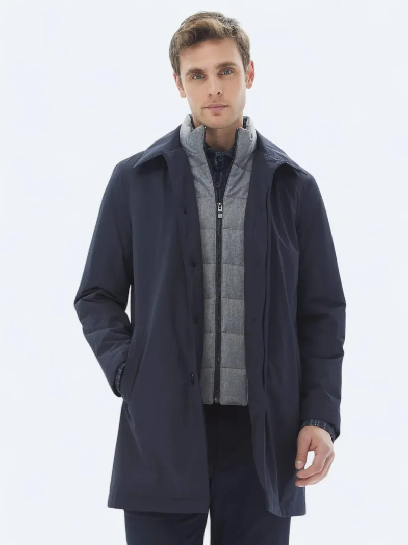 Kip Navy Blue Regular Fit Round Collar Casual Weaving Rain Coat